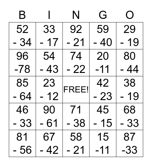 Subtraction Bingo Card