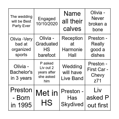 Wedding Bingo Card