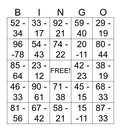 Subtraction Bingo Card