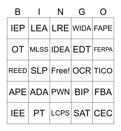 SPED BINGO LINGO Bingo Card