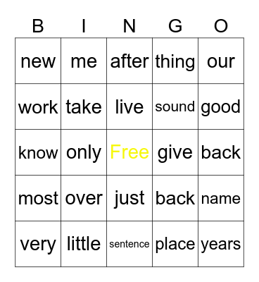 2nd grade list Bingo Card