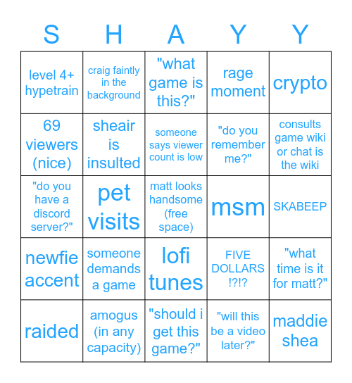 twitch.tv/MattShea Bingo Card