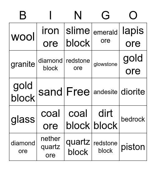 minecraft blocks Bingo Card