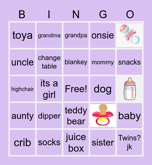 Myckylen & Daniel's Baby Shower Bingo Card