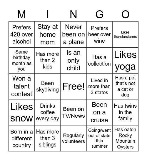 MINGLE BINGO (MINGO!) Bingo Card