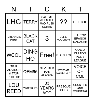 NICKT BINGO Card