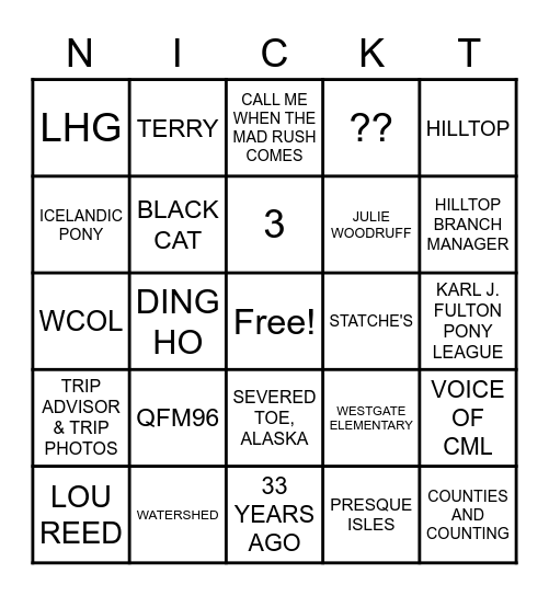 NICKT BINGO Card