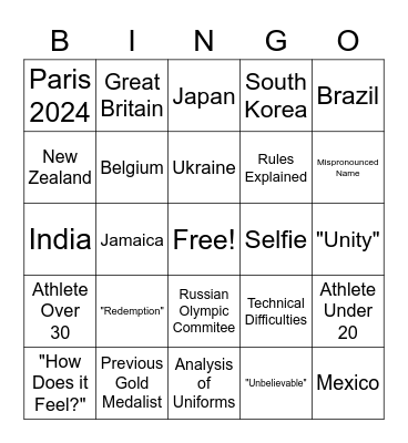 2020 Olympic Bingo Card