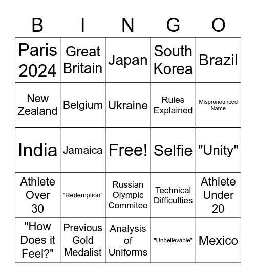 2020 Olympic Bingo Card