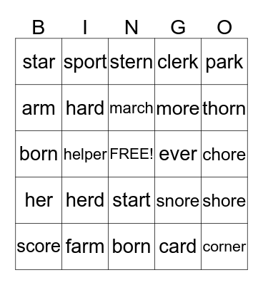 ar, or, er Bingo Card