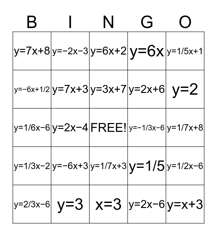 Match The Slope And Y Intercept Bingo Card