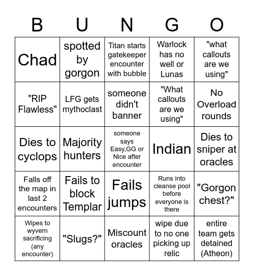 Destiny 2 VOG BINGO Card