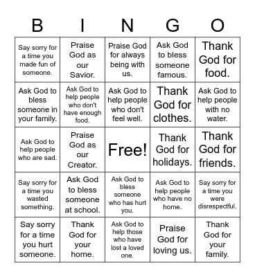 Prayer Bingo Card