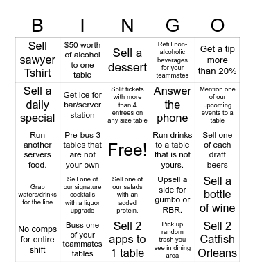 Sawyer Server Bingo Card