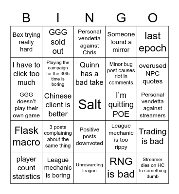Path of Exile subreddit Bingo Card