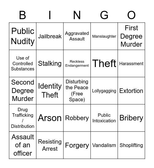 Nua Crimes Bingo Card