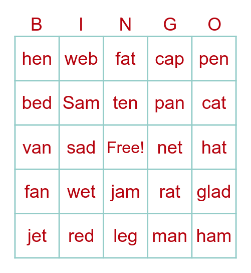 Short a/e Bingo Card