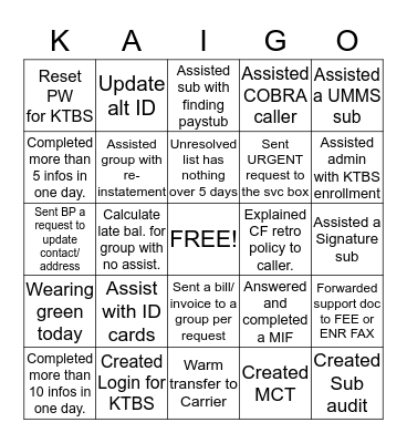 Kelly Call Center Bingo Card