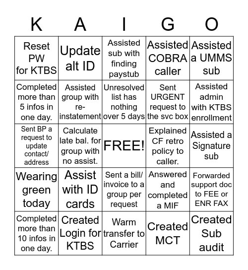 Kelly Call Center Bingo Card