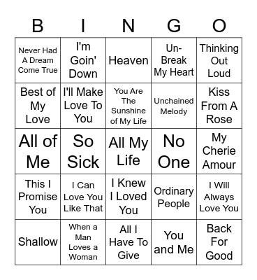 Name That Love Song Bingo Card