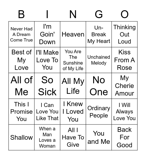 Name That Love Song Bingo Card