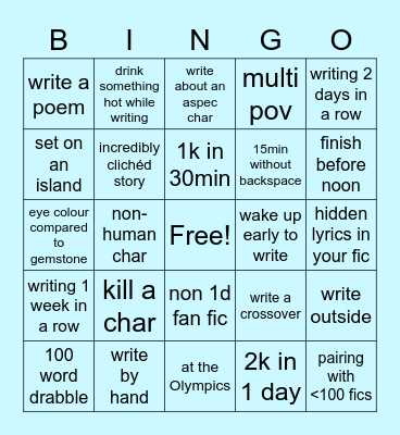 Writer Month 2021 Bingo Card