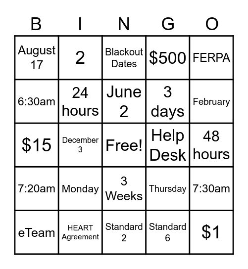 HEART Olympics BINGO Card