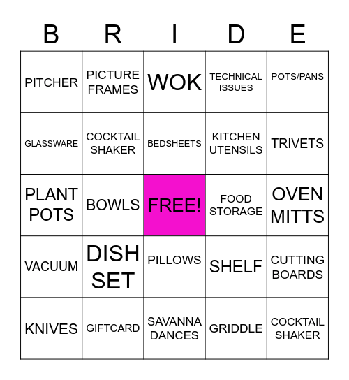 Savanna's Bridal Shower Bingo Card