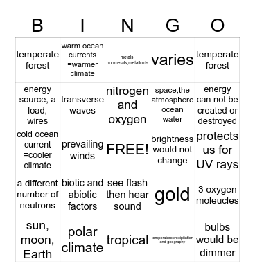 Science Review 3 Bingo Card