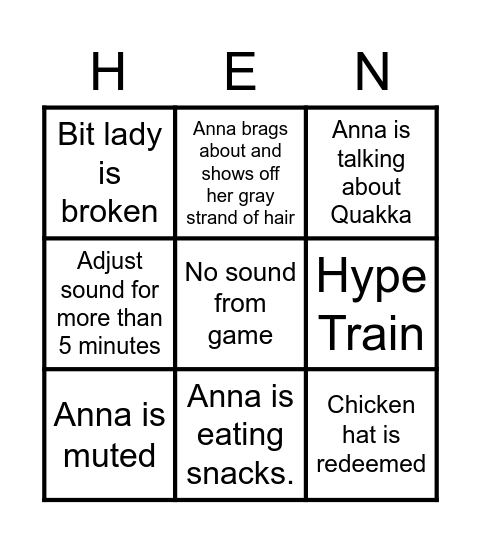 Anna's Stream Bingo Card