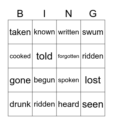 IRREGULAR VERBS (PAST SIMPLE & PAST PARTICIPLE) Bingo Card