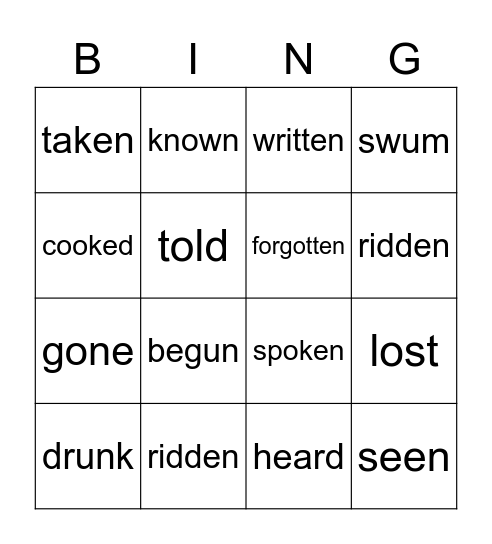 IRREGULAR VERBS (PAST SIMPLE & PAST PARTICIPLE) Bingo Card