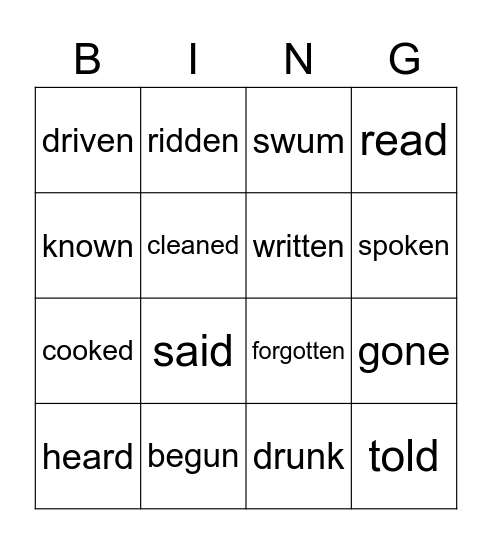 IRREGULAR VERBS (PAST SIMPLE & PAST PARTICIPLE) Bingo Card