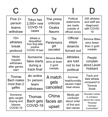 Olympics: COVID-19 edition (plus politics) Bingo Card