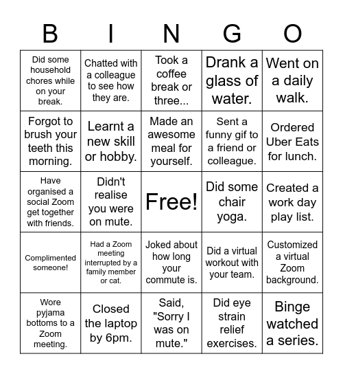 Working from home... Bingo Card