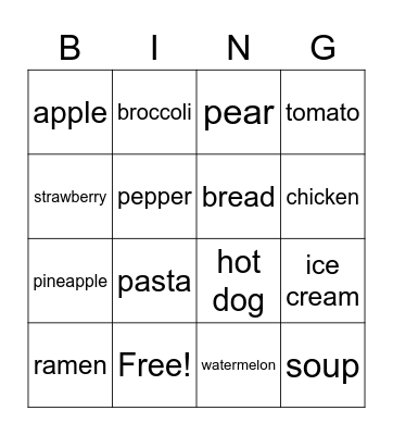 Food Bingo Card