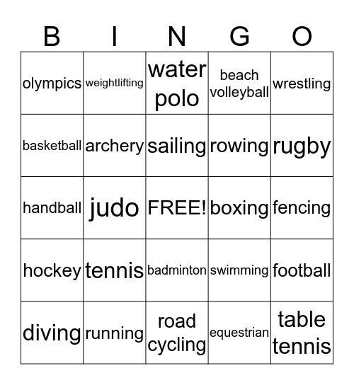 Olympics Bingo Card