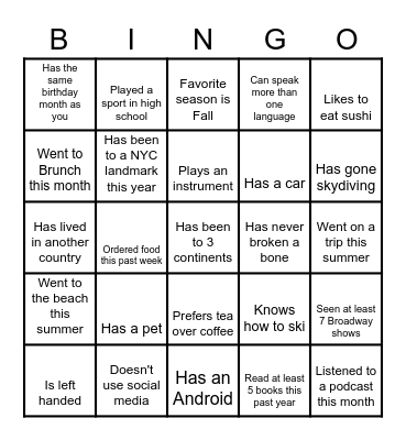 Get to Know You - Bingo Card