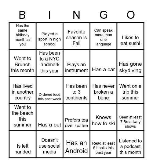 Get to Know You - Bingo Card