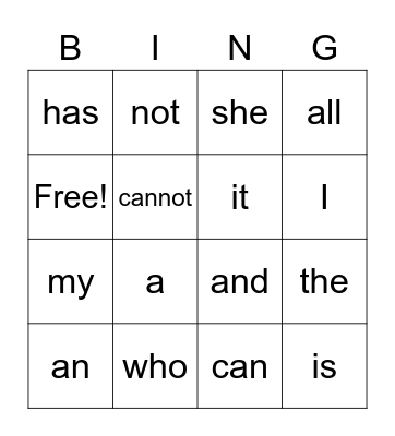 Sight words Bingo Card