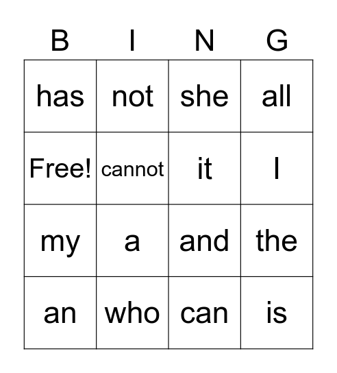 Sight words Bingo Card