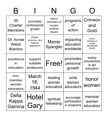 Rho Chapter Founder's Day Bingo Card