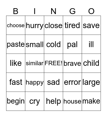 Synonym Bingo Card