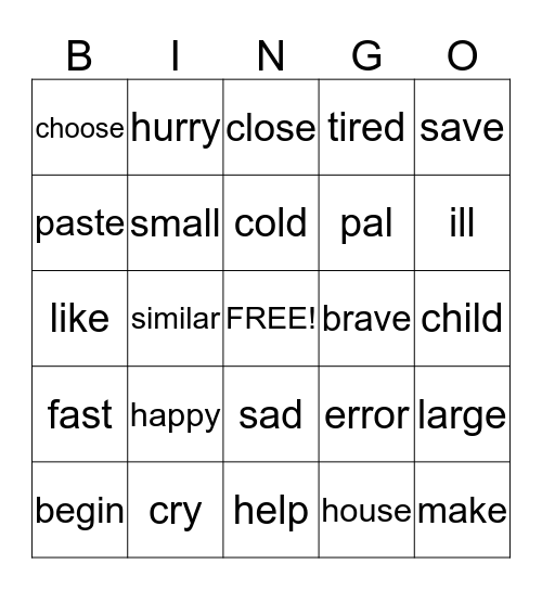 Synonym Bingo Card
