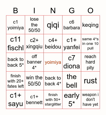 yoimiya summons bingo Card