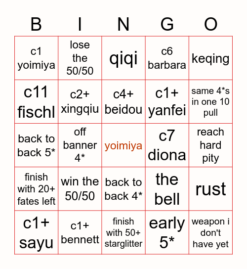 yoimiya summons bingo Card