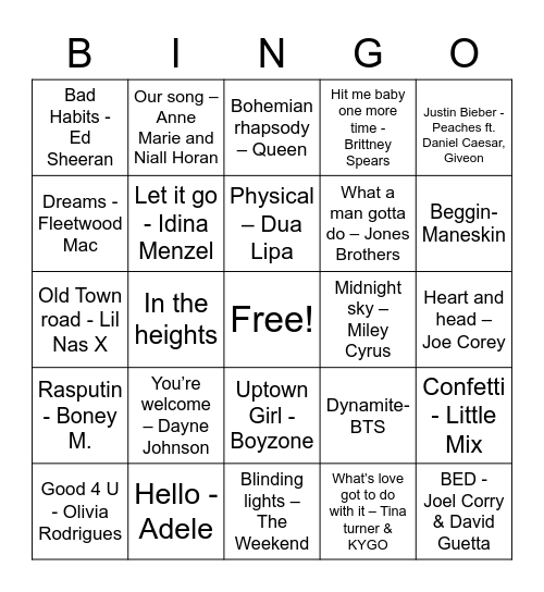 Musical Bingo Card