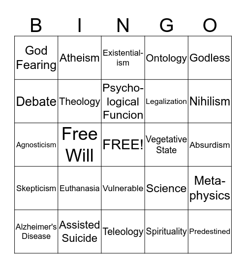 Atheism and Assisted Suicide Bingo Card