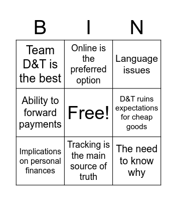 D&T Bingo Card