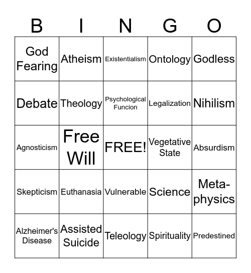 Atheism and Assisted Suicide Bingo Card